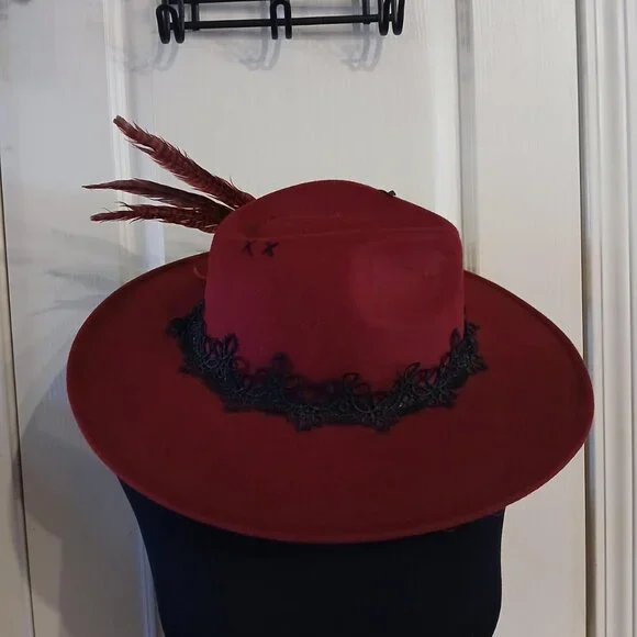 Vintage burgundy felt fedora hat black lace trim, feathers, & rhinestone detail il_fullxfull.6871485384_ml6z.jpg main image 3